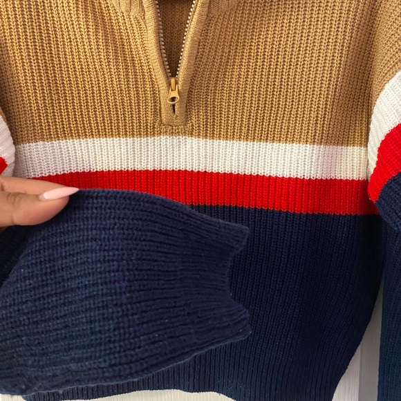 BLUENOTES beige blue white red quarter zip knit sweater - Picture 3 of 8
